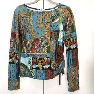 Arden B Y2K Top Size L Ruched Tie Up Long Sleeve Paisley Forest Fairy
